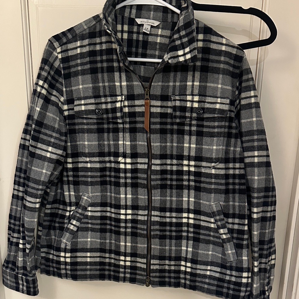 L.L. Bean Gray Black and White Plaid Zip Jacket